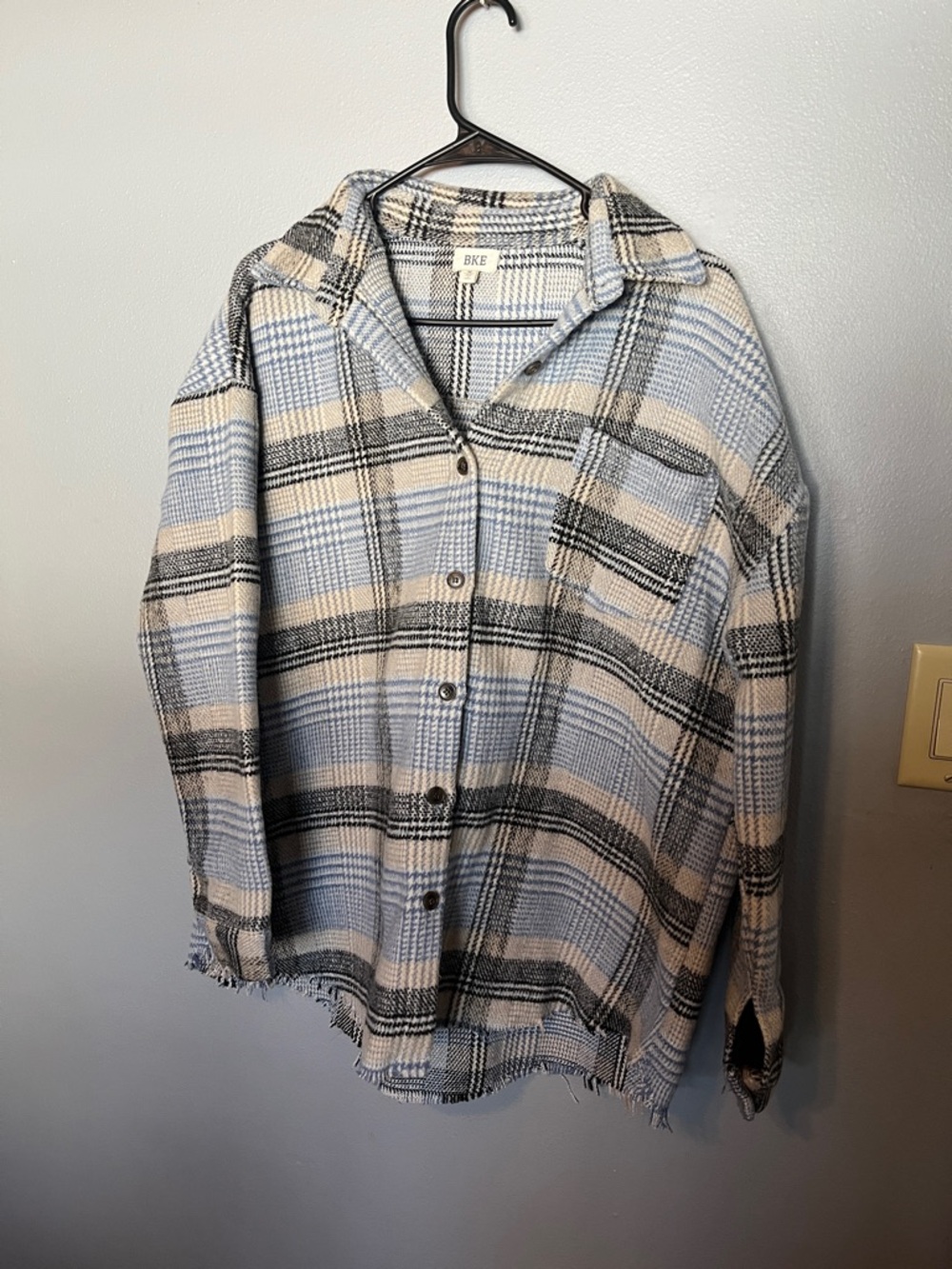 BKE Light Blue Cream and Black Plaid Button-Up Shirt Jacket